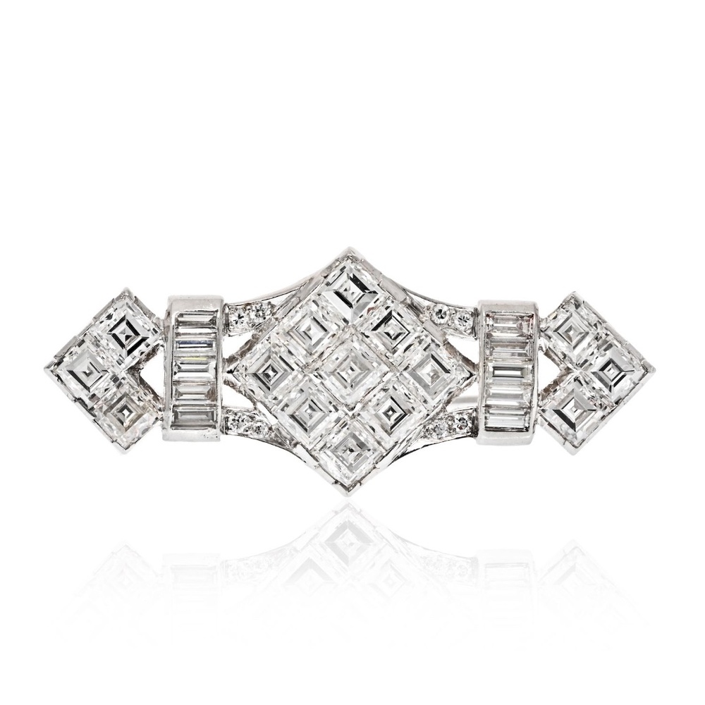 Platinum 4.50 Carats Carre Baguette And Round Cut Diamond Brooch